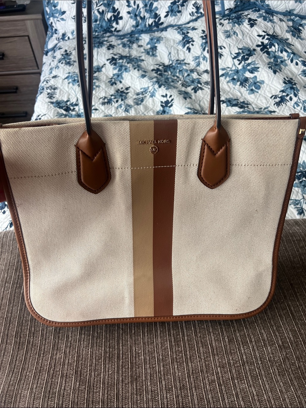 Michael Kors Cream Canvas Tote with Brown & Tan Center Stripe